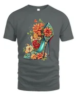 Floral High Heel Fashion Tee for Stylish Women’s Outfits - gray t-shirt on white background