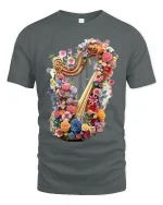 Floral Harp Magic Tee - Colorful Harp T-Shirt for Music Lovers - gray t-shirt on white background