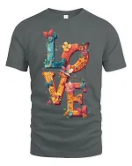 Colorful LOVE Butterfly Floral Art Tee for Women and Girls - gray t-shirt on white background