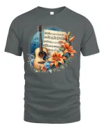 Floral Guitar Melody Art Tee for Music Lovers Unique T-Shirt - gray t-shirt on white background