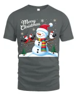 Merry Christmas Snowman and Birds Winter Holiday Graphic Tee - gray t-shirt on white background