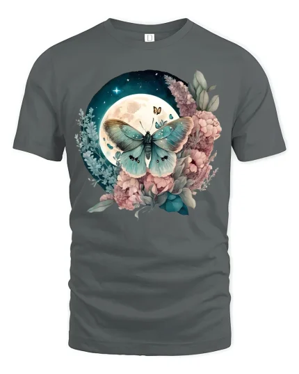 Moonlit Butterfly Floral Night Garden Aesthetic Graphic Tee - gray t-shirt on white background