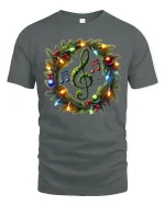 Christmas Music Wreath Treble Clef Holiday Lights Graphic Tee - gray t-shirt on white background