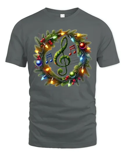Christmas Music Wreath Treble Clef Holiday Lights Graphic Tee - gray t-shirt on white background