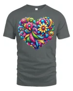 Colorful Floral Heart Art Vibrant Pattern Love Graphic Tee - gray t-shirt on white background
