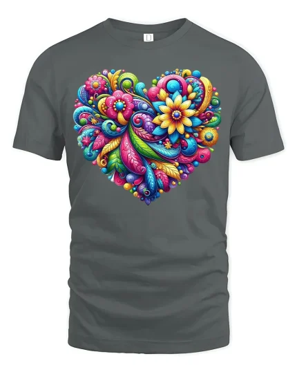 Colorful Floral Heart Art Vibrant Pattern Love Graphic Tee - gray t-shirt on white background