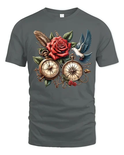 Vintage Compass Rose Art Tee with Flowers and Dove Design - gray t-shirt on white background