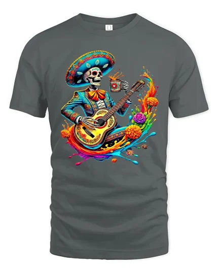 Day of the Dead Mariachi Skeleton Guitar Art Tee - gray t-shirt on white background