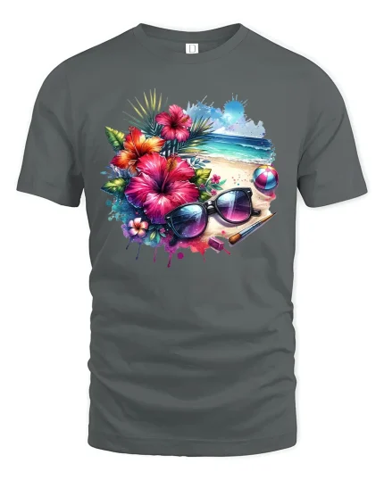 Tropical Beach Vibes Floral Art Summer Vacation Tee - gray t-shirt on white background