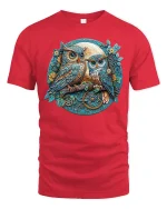 Steampunk Owls Art Tee with Vintage Moon and Gears Illustration - red t-shirt on white background