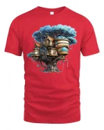 Enchanted Treehouse Fantasy Art Tee for Nature Lovers - red t-shirt on white background