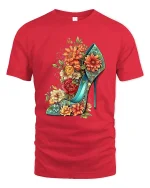 Floral High Heel Fashion Tee for Stylish Women’s Outfits - red t-shirt on white background
