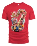 Floral Harp Magic Tee - Colorful Harp T-Shirt for Music Lovers - red t-shirt on white background