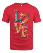 Colorful LOVE Butterfly Floral Art Tee for Women and Girls - red t-shirt on white background