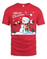 Merry Christmas Snowman and Birds Winter Holiday Graphic Tee - red t-shirt on white background