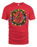 Christmas Music Wreath Treble Clef Holiday Lights Graphic Tee - red t-shirt on white background