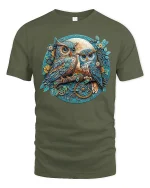 Steampunk Owls Art Tee with Vintage Moon and Gears Illustration - military green t-shirt on white background