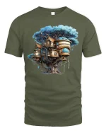 Enchanted Treehouse Fantasy Art Tee for Nature Lovers - military green t-shirt on white background