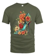 Floral High Heel Fashion Tee for Stylish Women’s Outfits - military green t-shirt on white background