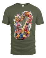 Floral Harp Magic Tee - Colorful Harp T-Shirt for Music Lovers - military green t-shirt on white background