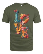 Colorful LOVE Butterfly Floral Art Tee for Women and Girls - military green t-shirt on white background