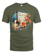 Floral Guitar Melody Art Tee for Music Lovers Unique T-Shirt - military green t-shirt on white background