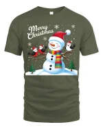 Merry Christmas Snowman and Birds Winter Holiday Graphic Tee - military green t-shirt on white background