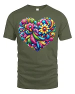Colorful Floral Heart Art Vibrant Pattern Love Graphic Tee - military green t-shirt on white background