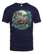 Steampunk Owls Art Tee with Vintage Moon and Gears Illustration - navy t-shirt on white background