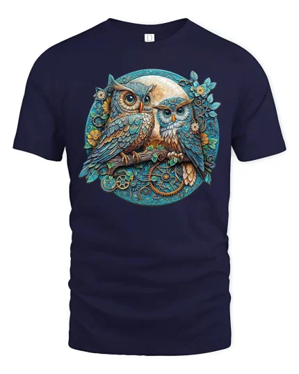Steampunk Owls Art Tee with Vintage Moon and Gears Illustration - navy t-shirt on white background