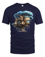 Enchanted Treehouse Fantasy Art Tee for Nature Lovers - navy t-shirt on white background