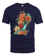 Floral High Heel Fashion Tee for Stylish Women’s Outfits - navy t-shirt on white background