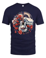 Floral Waves Guitar Art Tee for Music Lovers and Beach Vibes - navy t-shirt on white background
