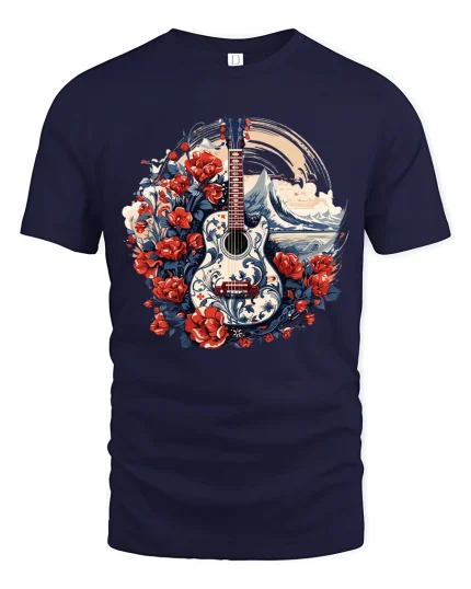 Floral Waves Guitar Art Tee for Music Lovers and Beach Vibes - navy t-shirt on white background
