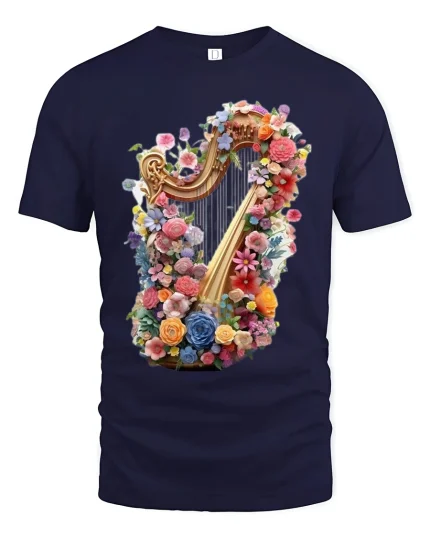 Floral Harp Magic Tee - Colorful Harp T-Shirt for Music Lovers - navy t-shirt on white background