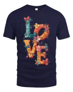 Colorful LOVE Butterfly Floral Art Tee for Women and Girls - navy t-shirt on white background