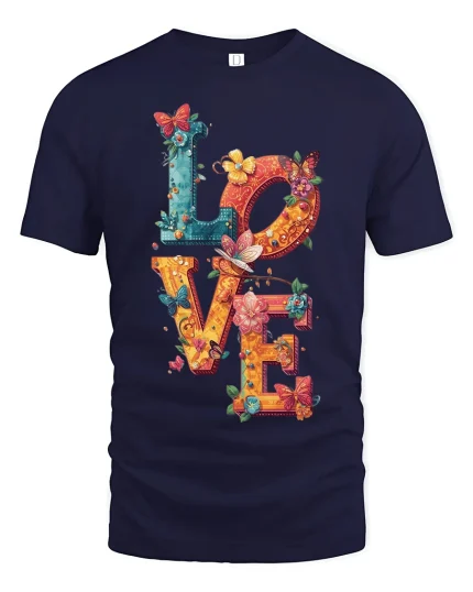 Colorful LOVE Butterfly Floral Art Tee for Women and Girls - navy t-shirt on white background