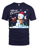 Merry Christmas Snowman and Birds Winter Holiday Graphic Tee - navy t-shirt on white background