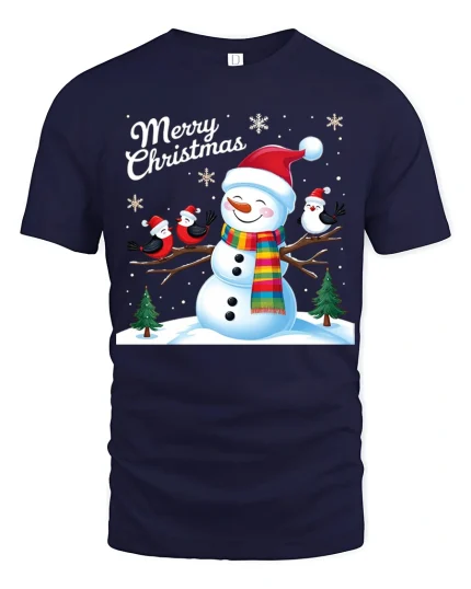 Merry Christmas Snowman and Birds Winter Holiday Graphic Tee - navy t-shirt on white background