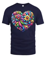 Colorful Floral Heart Art Vibrant Pattern Love Graphic Tee - navy t-shirt on white background