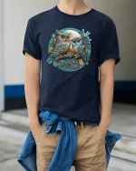 Steampunk Owls Art Tee with Vintage Moon and Gears Illustration - model wearing navy tee with hands in pockets