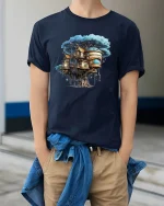 Enchanted Treehouse Fantasy Art Tee for Nature Lovers - model wearing navy tee with hands in pockets