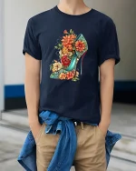 Floral High Heel Fashion Tee for Stylish Women’s Outfits - model wearing navy tee with hands in pockets