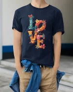 Colorful LOVE Butterfly Floral Art Tee for Women and Girls - model wearing navy tee with hands in pockets