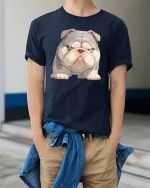 Grumpy Bulldog Pup Cartoon Tee for Dog Lovers Funny T-Shirt - model wearing navy tee with hands in pockets