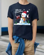 Merry Christmas Snowman and Birds Winter Holiday Graphic Tee - model wearing navy tee with hands in pockets