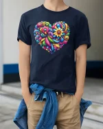 Colorful Floral Heart Art Vibrant Pattern Love Graphic Tee - model wearing navy tee with hands in pockets