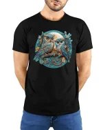Steampunk Owls Art Tee with Vintage Moon and Gears Illustration - model wearing black tee with hands behind back