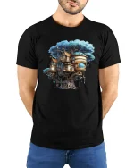 Enchanted Treehouse Fantasy Art Tee for Nature Lovers - model wearing black tee with hands behind back