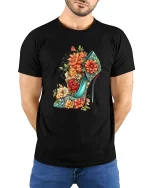 Floral High Heel Fashion Tee for Stylish Women’s Outfits - model wearing black tee with hands behind back